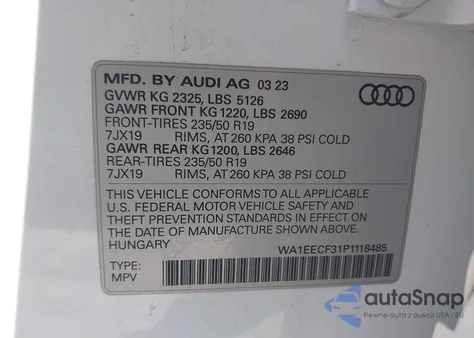 2023 Audi Q3 Premium Plus 45 Tfsi S Line Quattro Tiptronic z USA, uszkodzony, nr VIN WA1EECF31P1118485